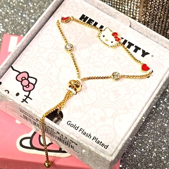 Hello Kitty By Sanrio Flash Yellow Gold Plated Station Heart & Crystal Bracelet - Picture 7 of 10